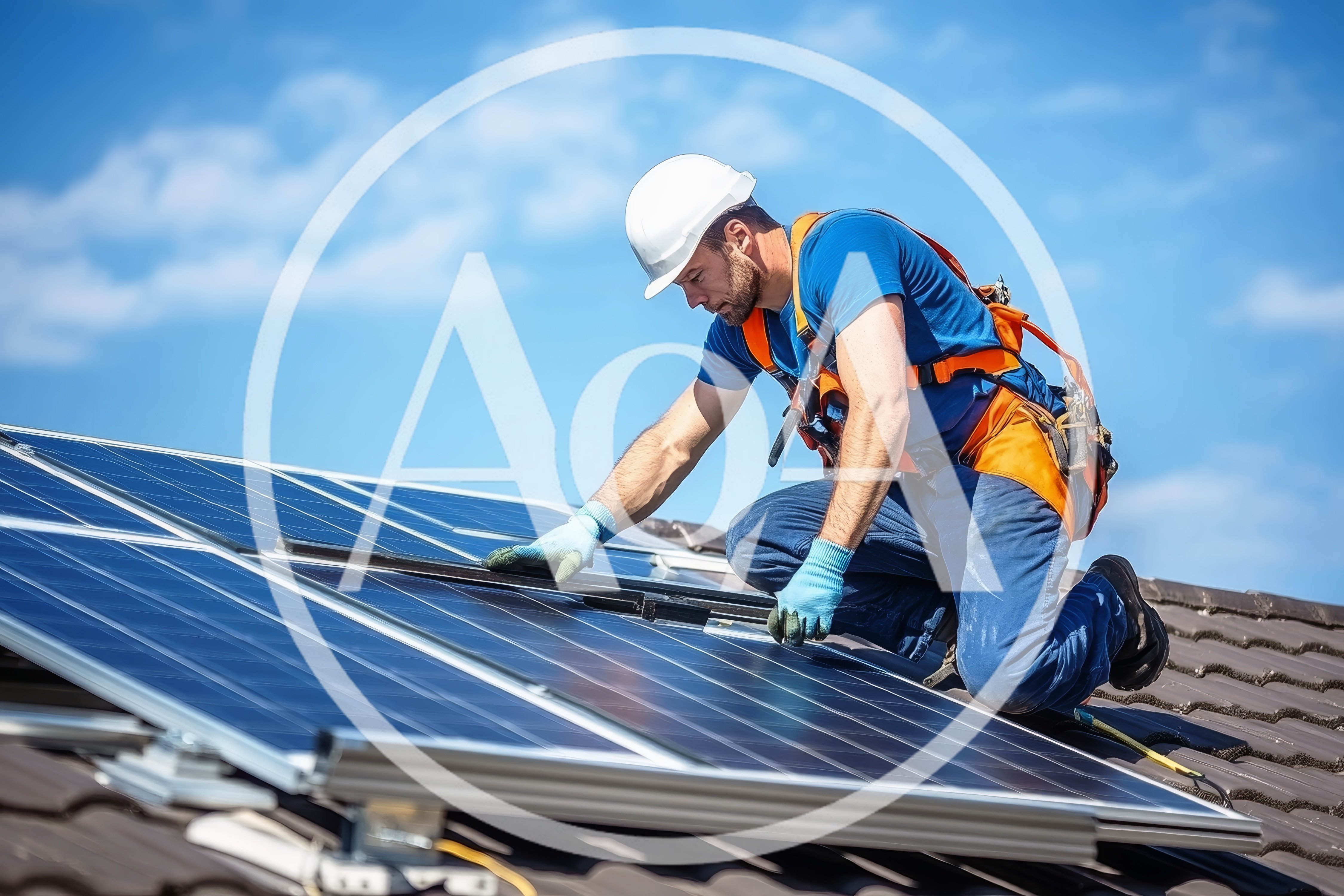 Professional Technician Installing Solar Panels On Residential Roof