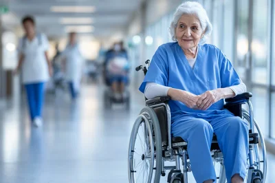 Elderly Female Nurse Sitting In Hospital Wheelchair