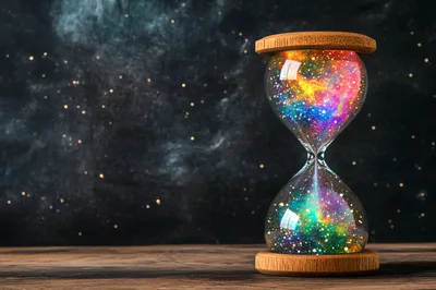 Cosmic Galaxy Hourglass On A Wooden Table