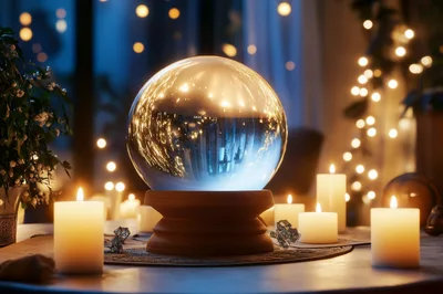 Crystal Ball On Wooden Stand Surrounded By Lit Candles