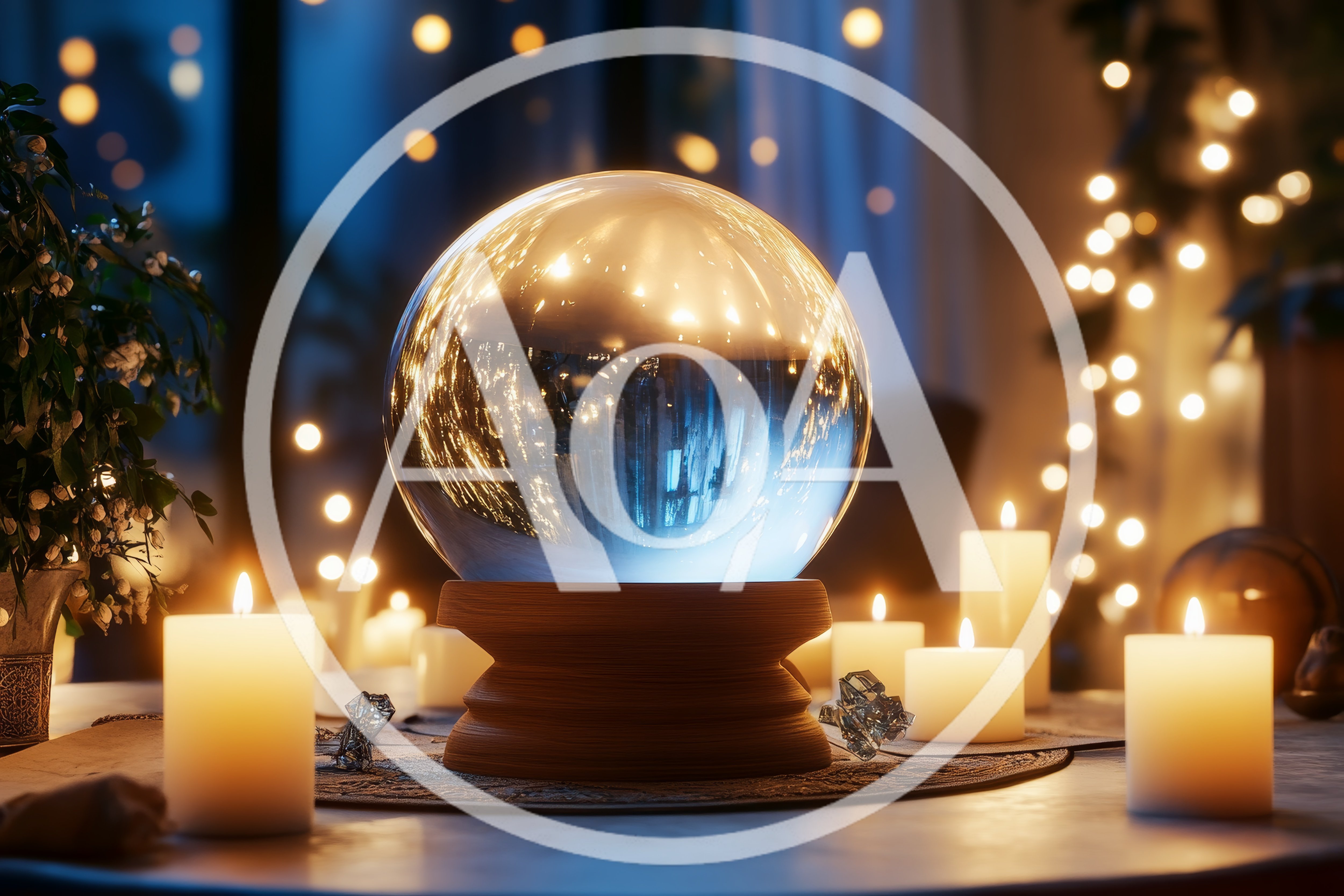 Crystal Ball On Wooden Stand Surrounded By Lit Candles