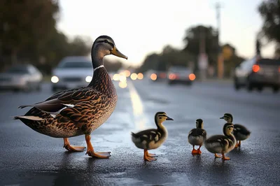 Mother Duck Leading Ducklings Across A Busy City Street