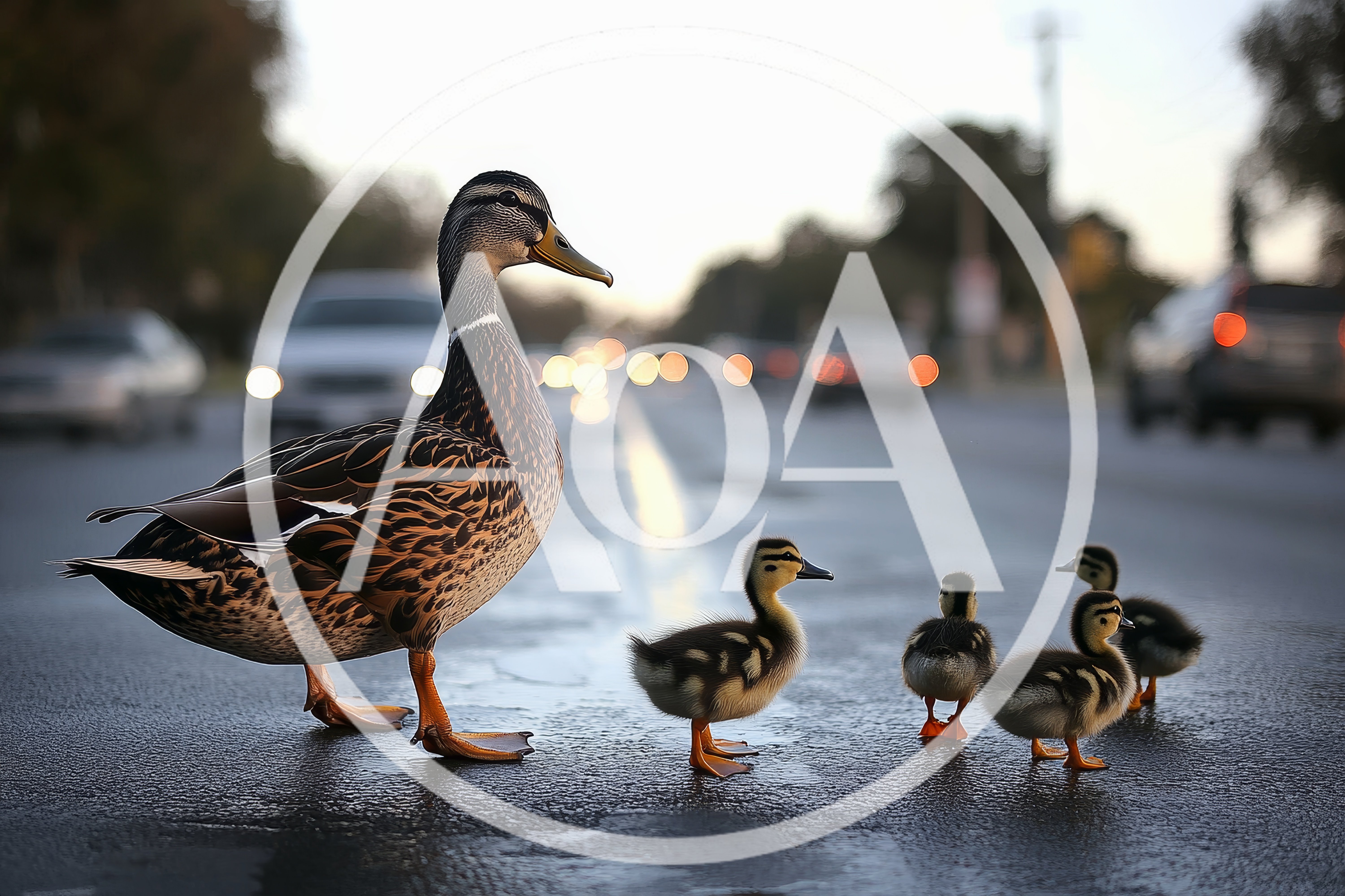 Mother Duck Leading Ducklings Across A Busy City Street
