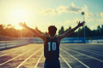 Athlete Celebrating Victory on Running Track at Sunset
