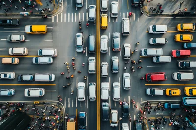 Aerial View Of Busy City Intersection With Traffic
