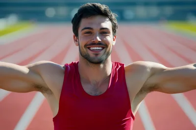 Happy Male Athlete Celebrating Victory On Running Track
