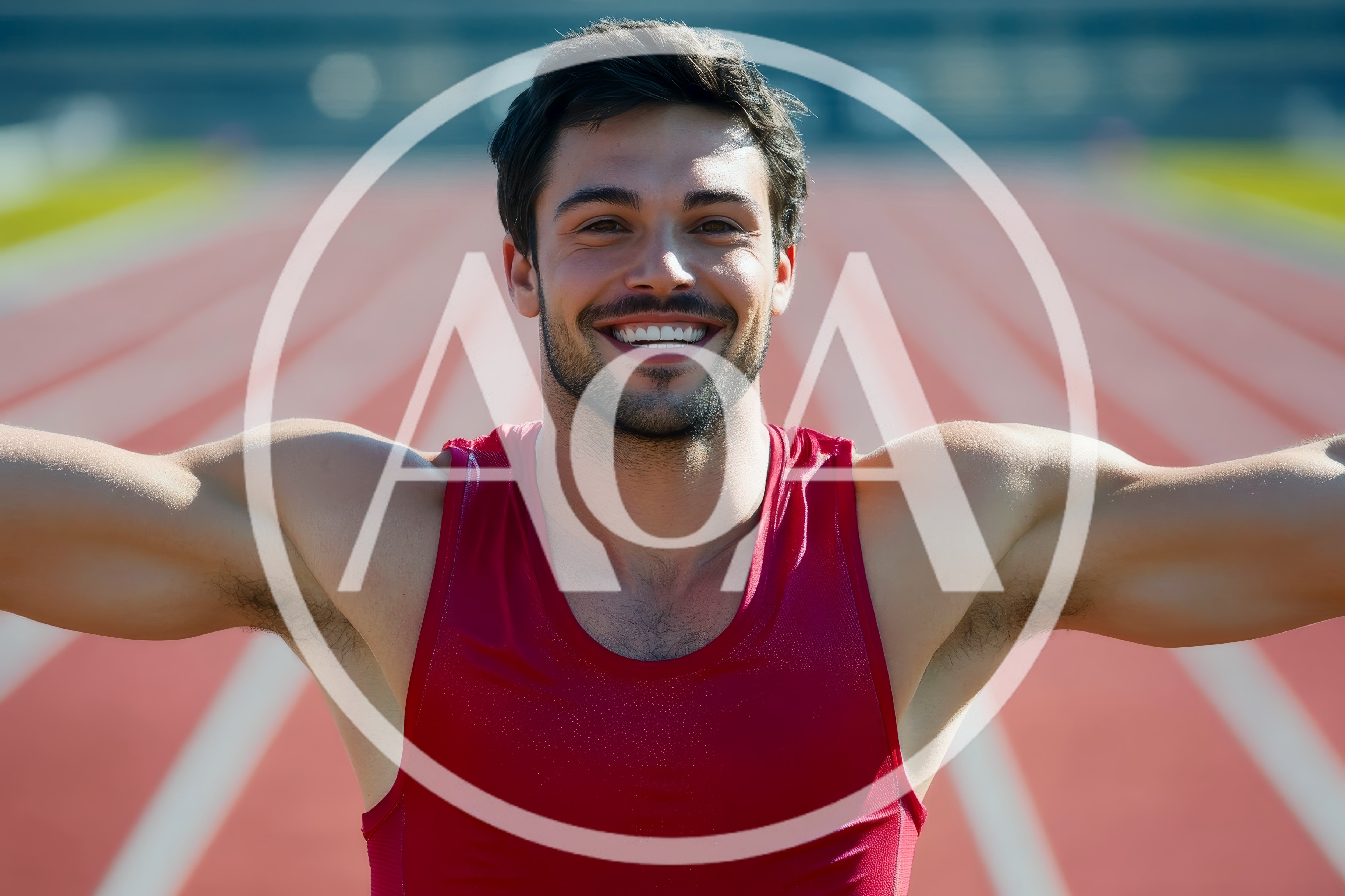 Happy Male Athlete Celebrating Victory On Running Track