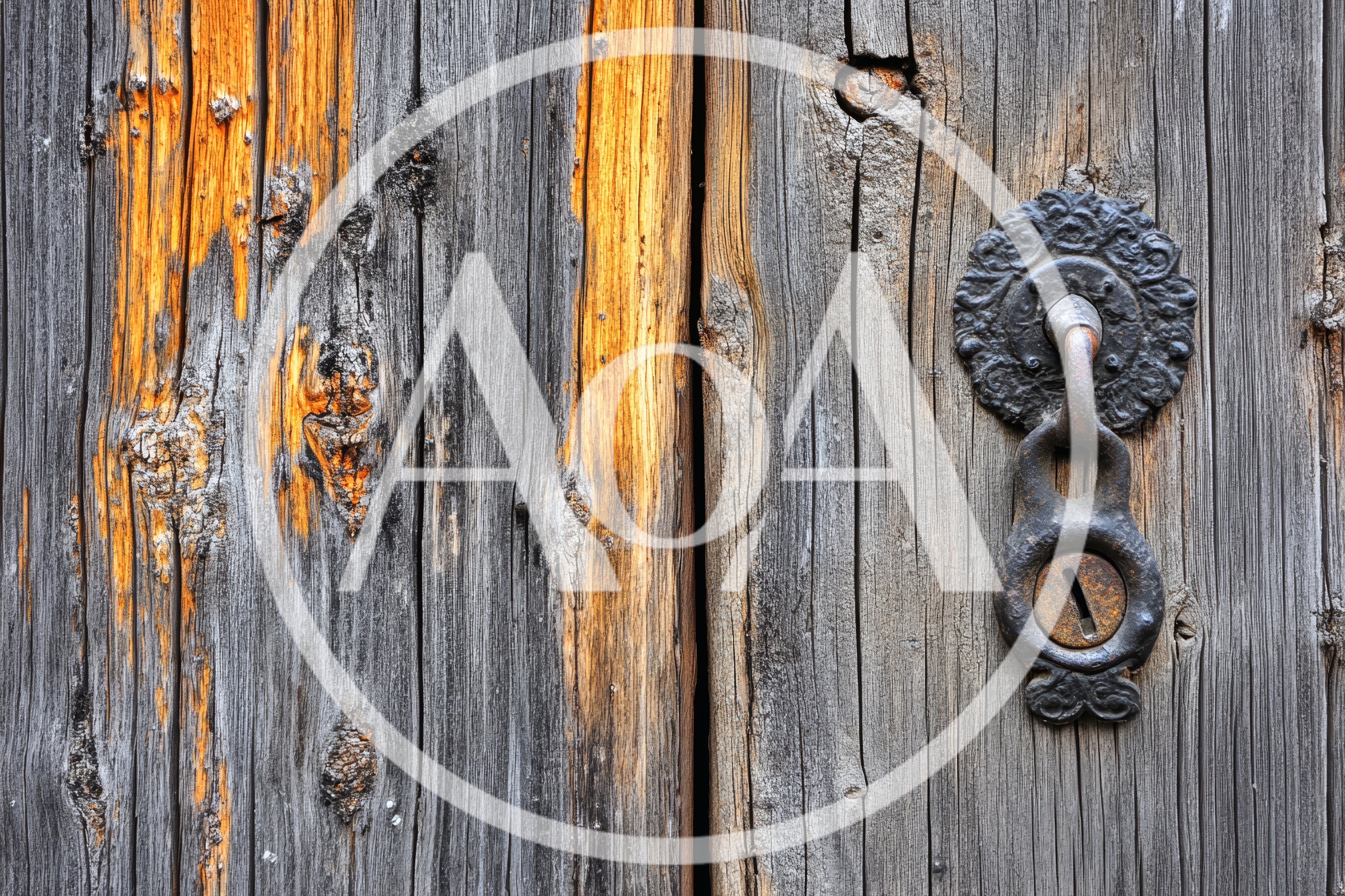 Antique Iron Door Handle On Weathered Wooden Door