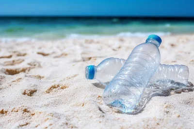 Two Empty Plastic Water Bottles On Sandy Beach
