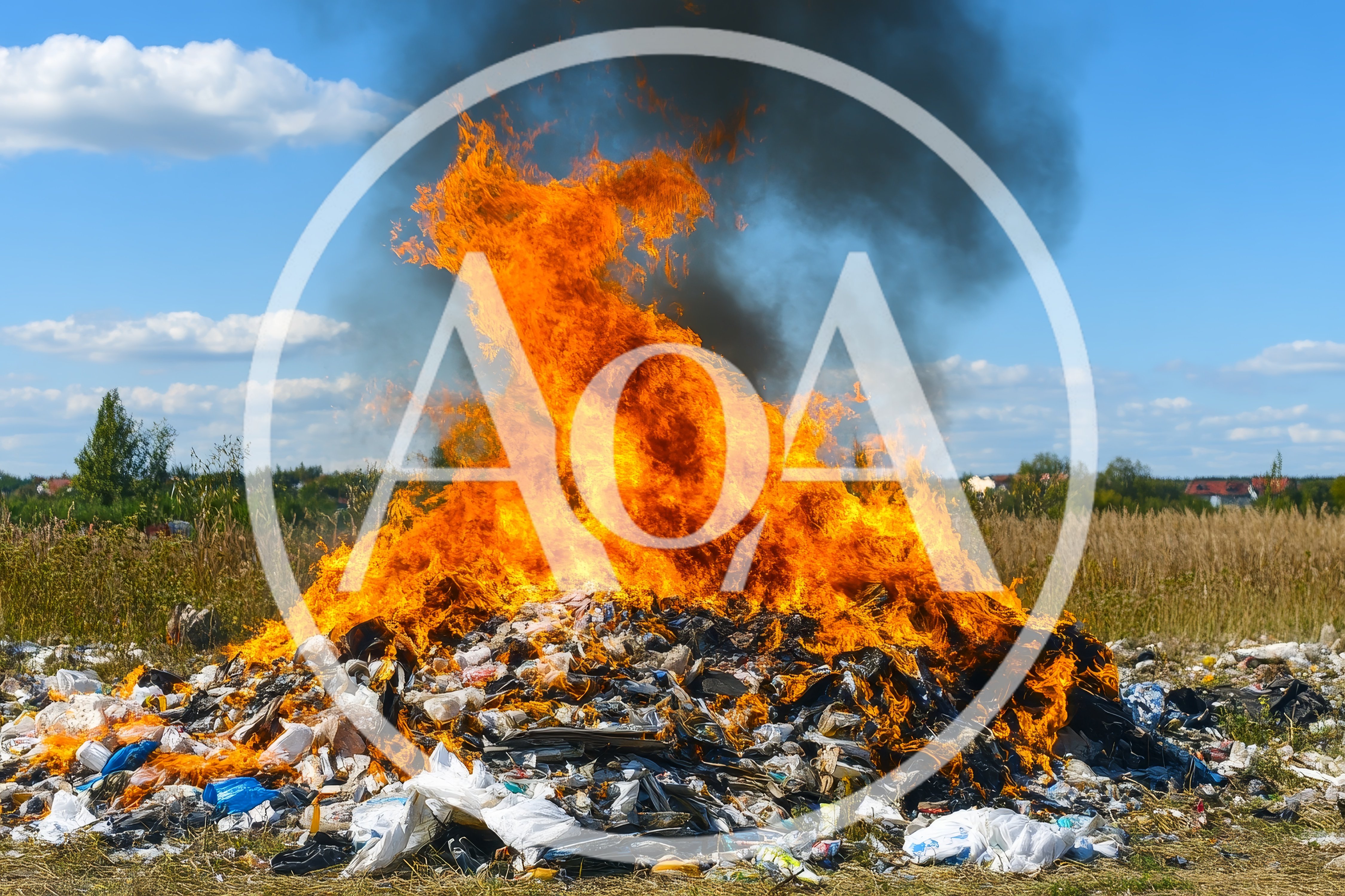 Large Pile Of Burning Trash In An Open Field