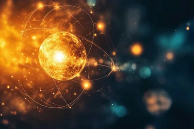 Abstract Glowing Atomic Structure With Orbital Rings