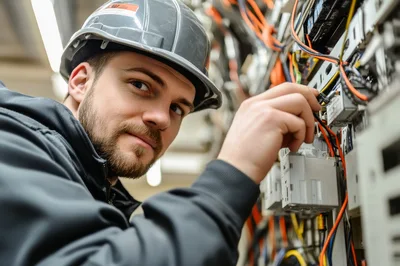 Electrician Working On Industrial Control Panel