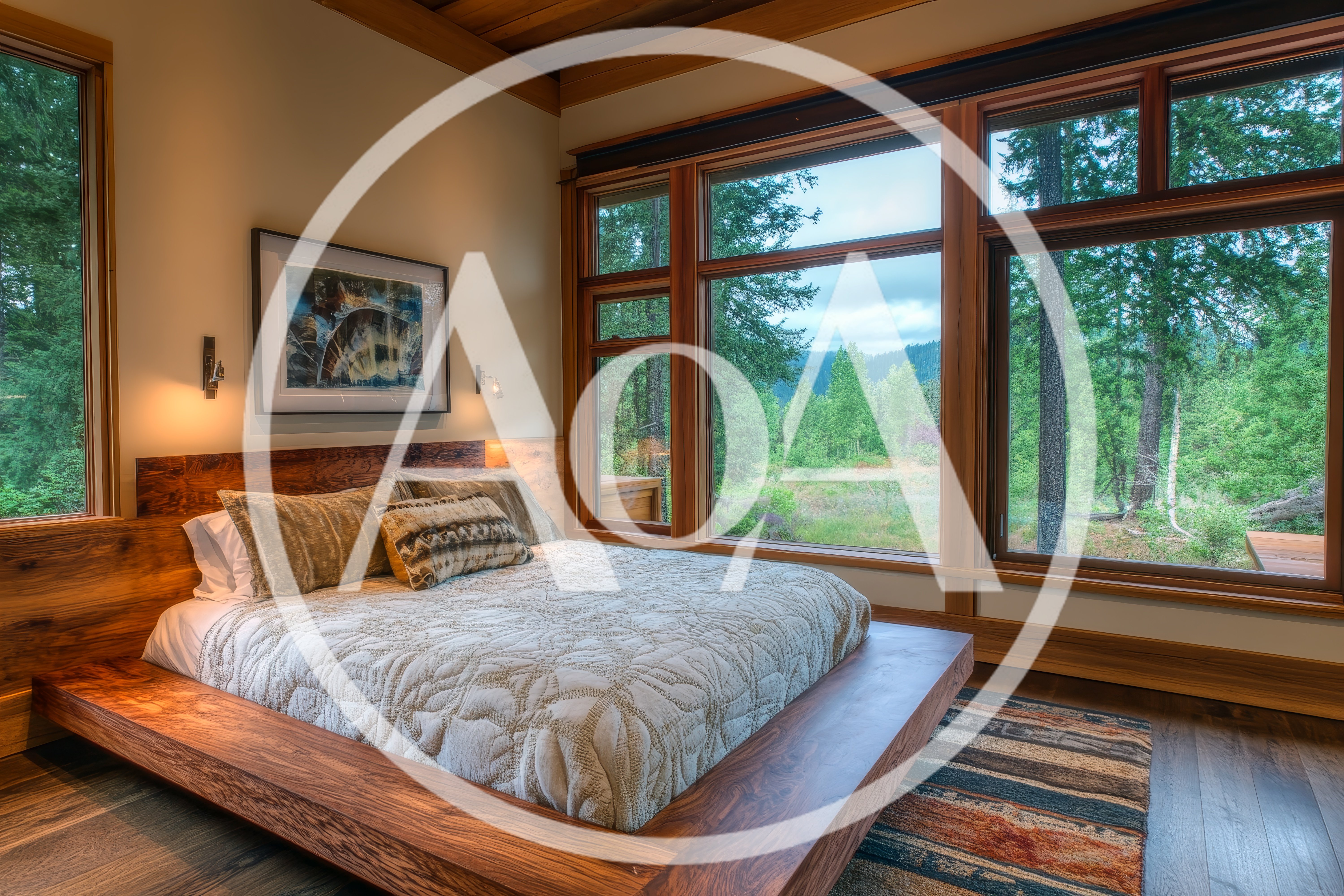 Modern Bedroom With Large Windows And Forest View