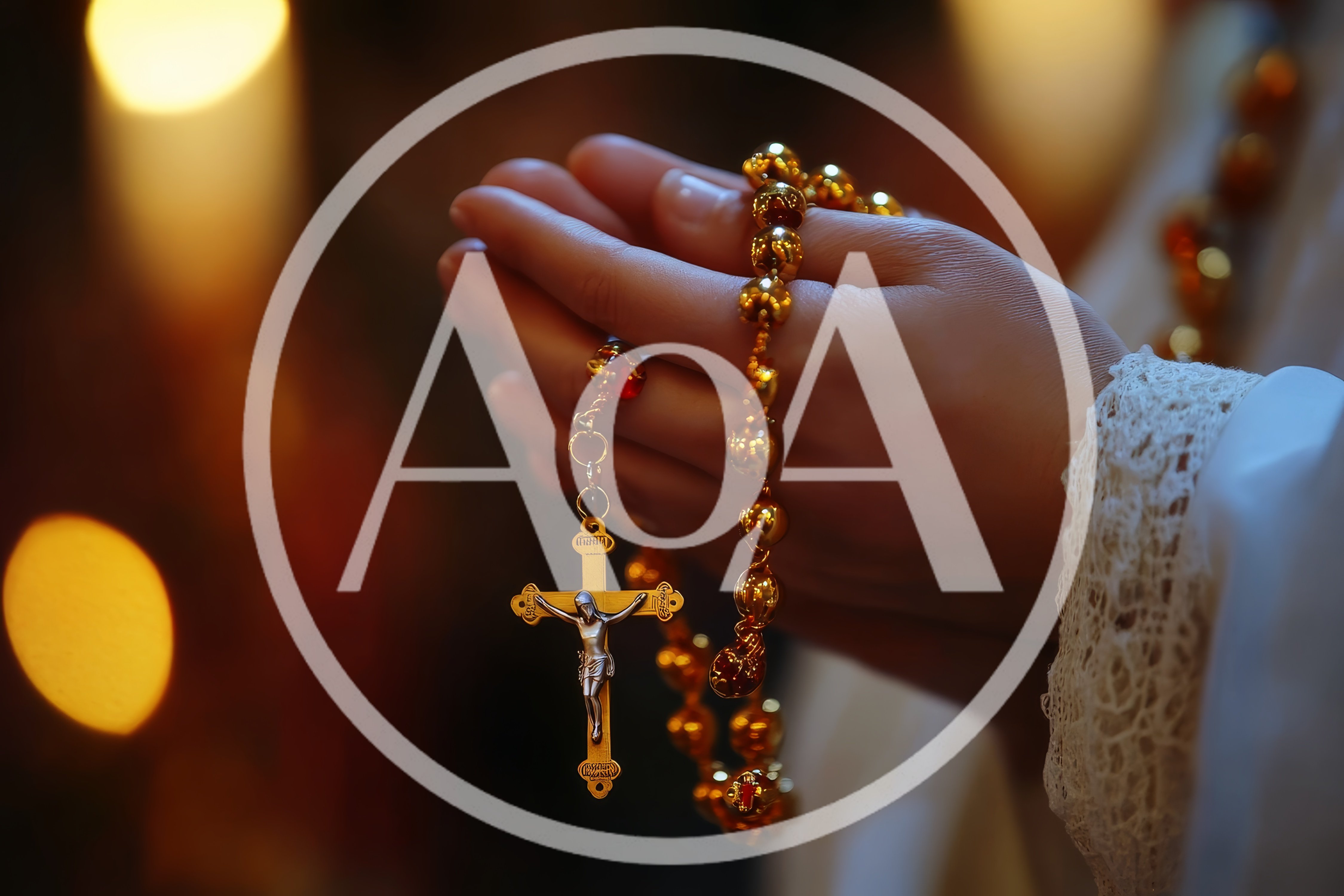 Hands Holding Golden Rosary Beads In Prayer