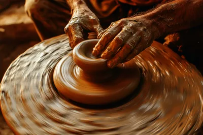 Potter Shaping Clay On A Spinning Pottery Wheel