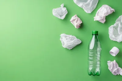 Plastic Bottle And Crumpled Bags On Green Background