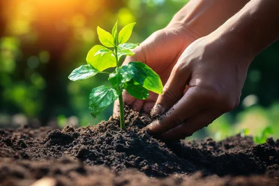 Hands Planting A Young Green Seedling In Soil