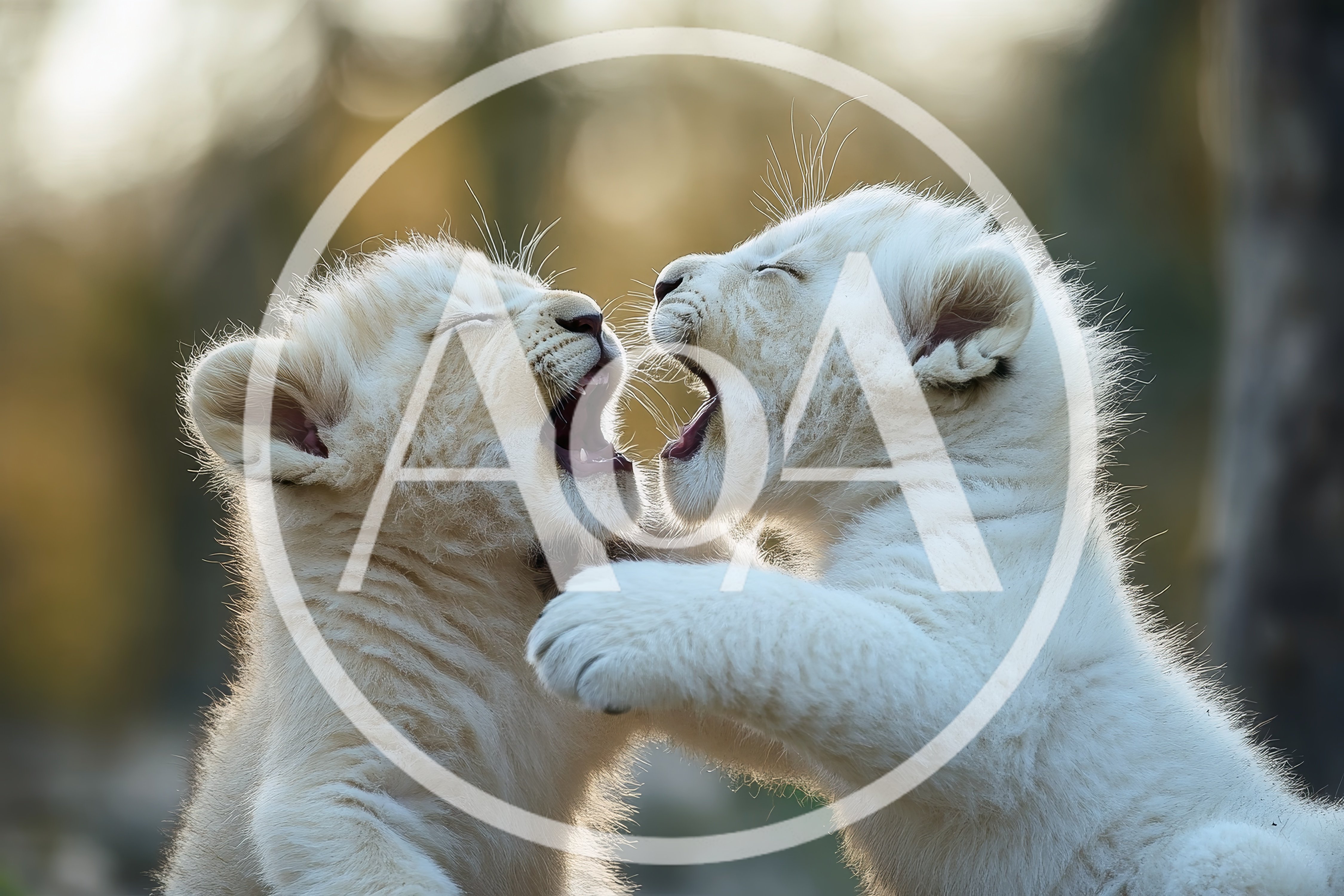 Two Playful White Lion Cubs Roaring