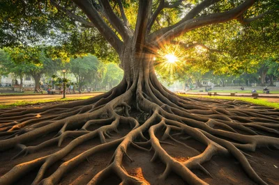 Ancient Banyan Tree With Exposed Roots At Sunrise