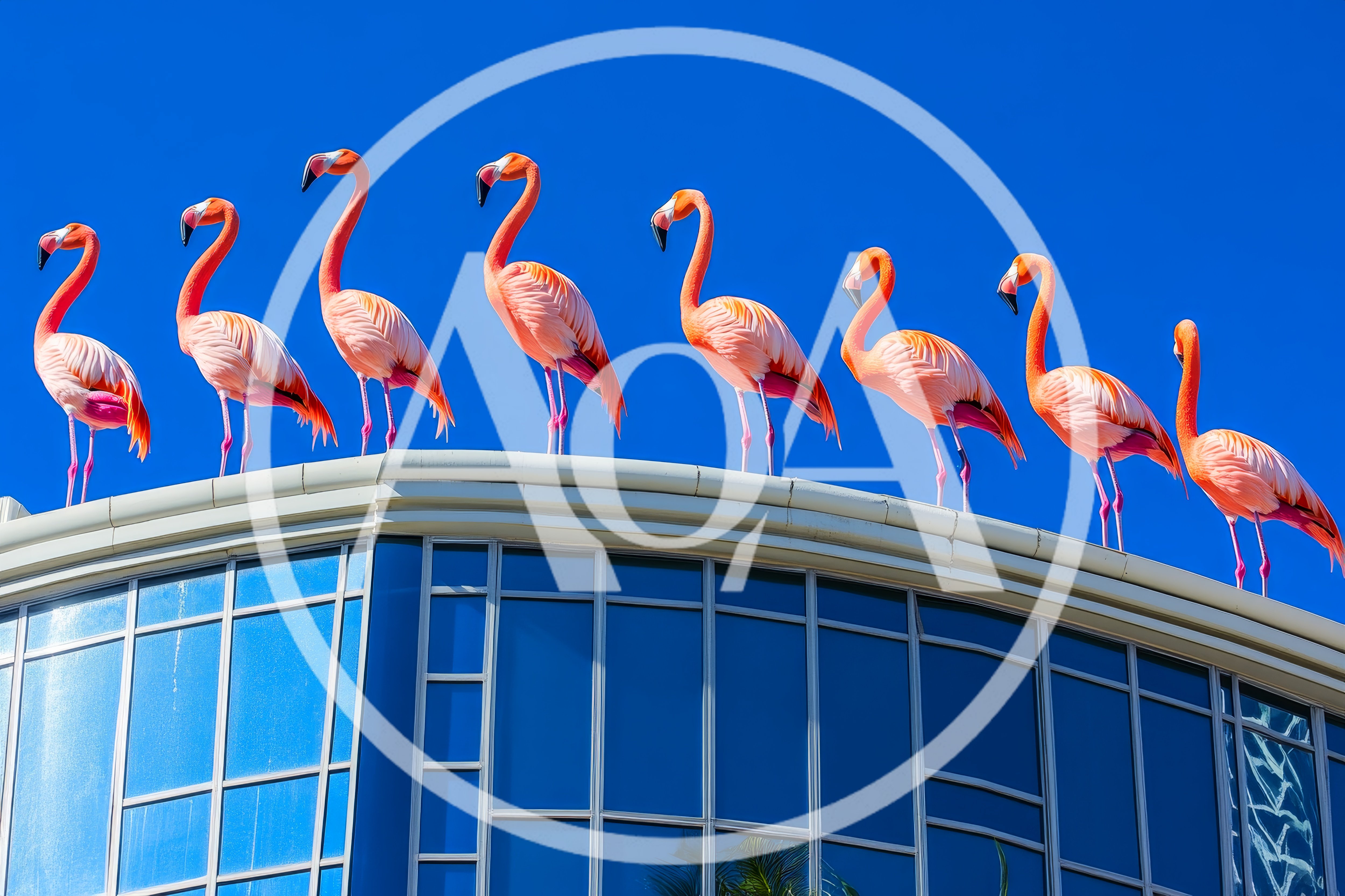Group Of Flamingos Standing On Modern Building Roof
