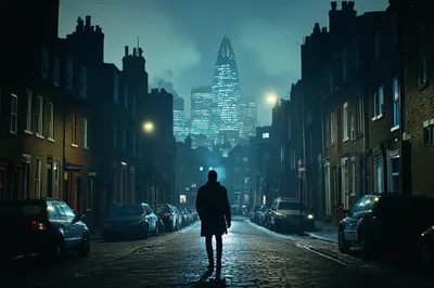 Man Walking Down A Dark Cobblestone Street At Night