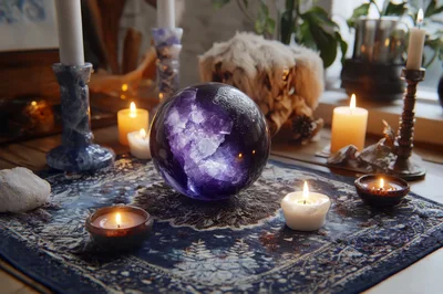 Amethyst Crystal Ball Surrounded By Lit Candles