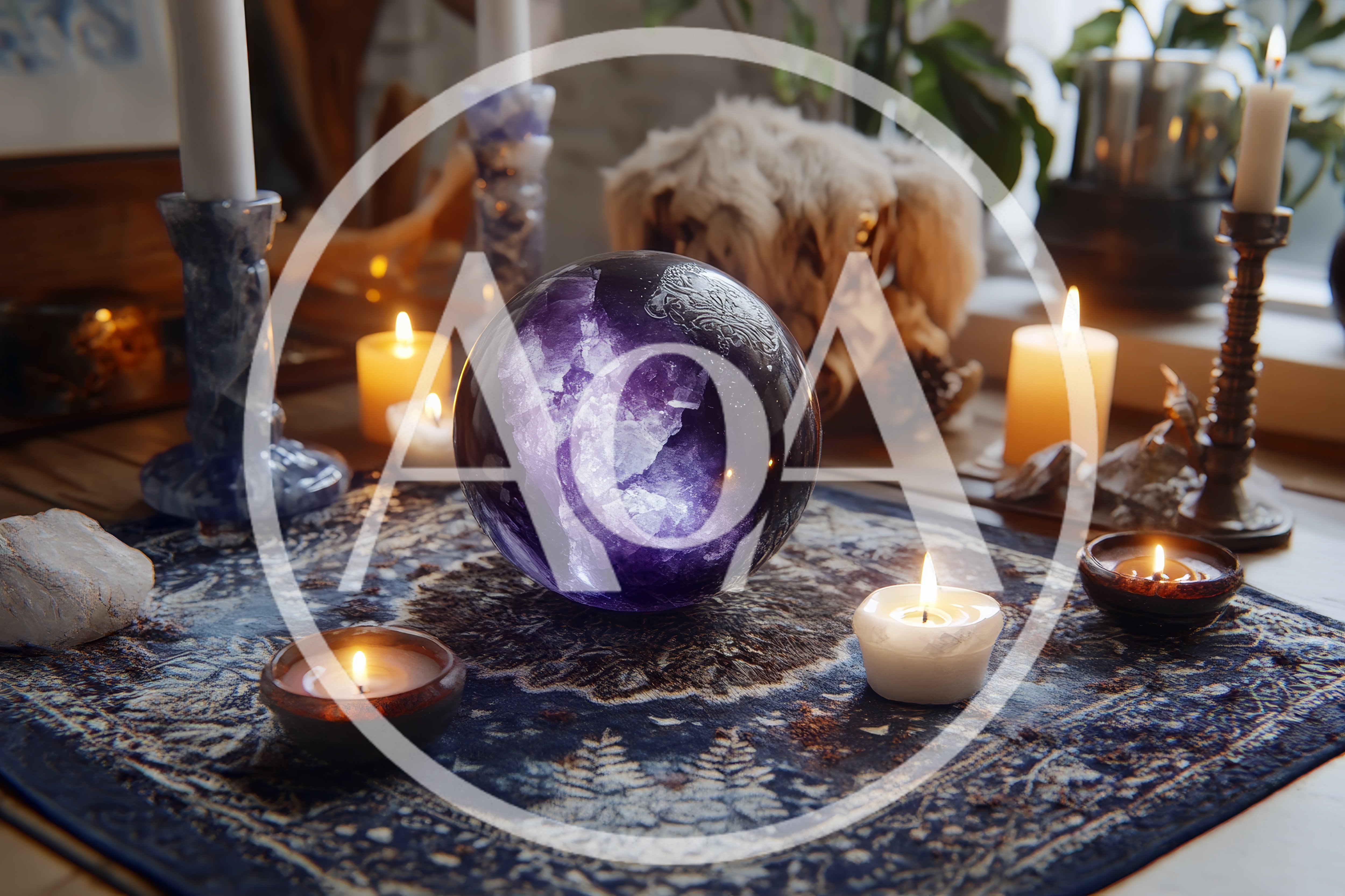 Amethyst Crystal Ball Surrounded By Lit Candles