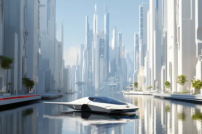 Futuristic White Vehicle Floating on City Canal