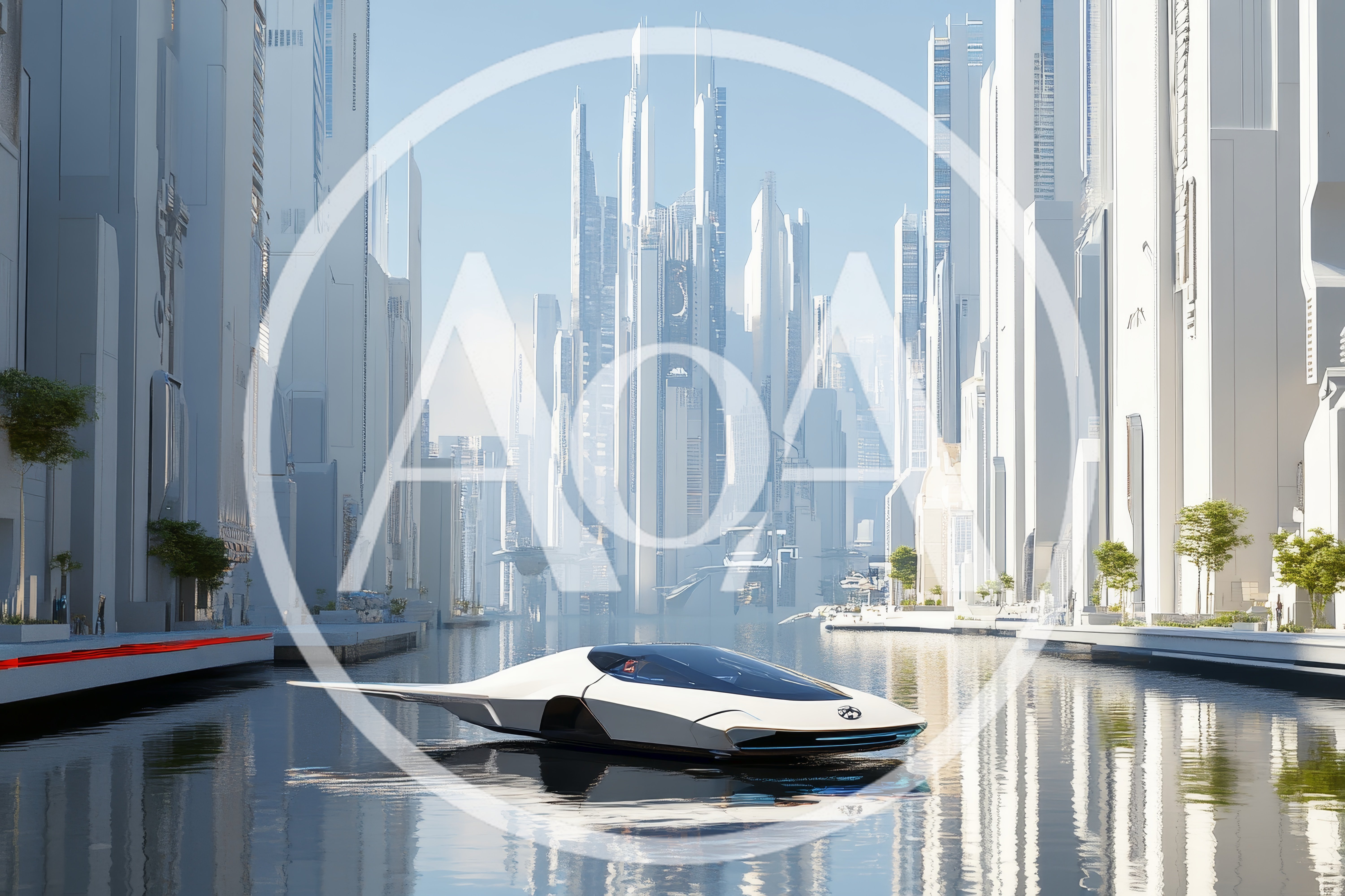 Futuristic White Vehicle Floating on City Canal