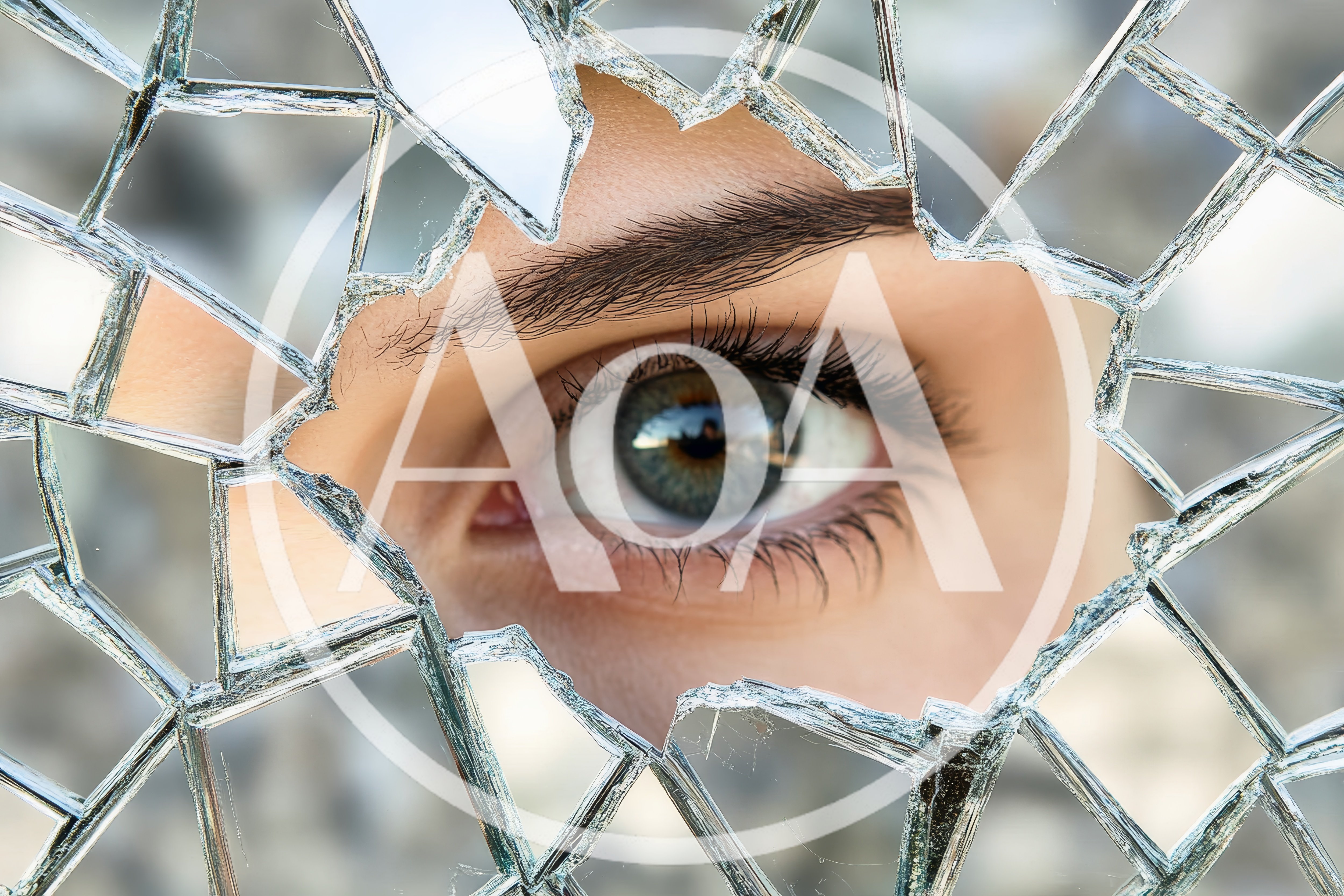 Close Up Of A Human Eye Through Broken Glass