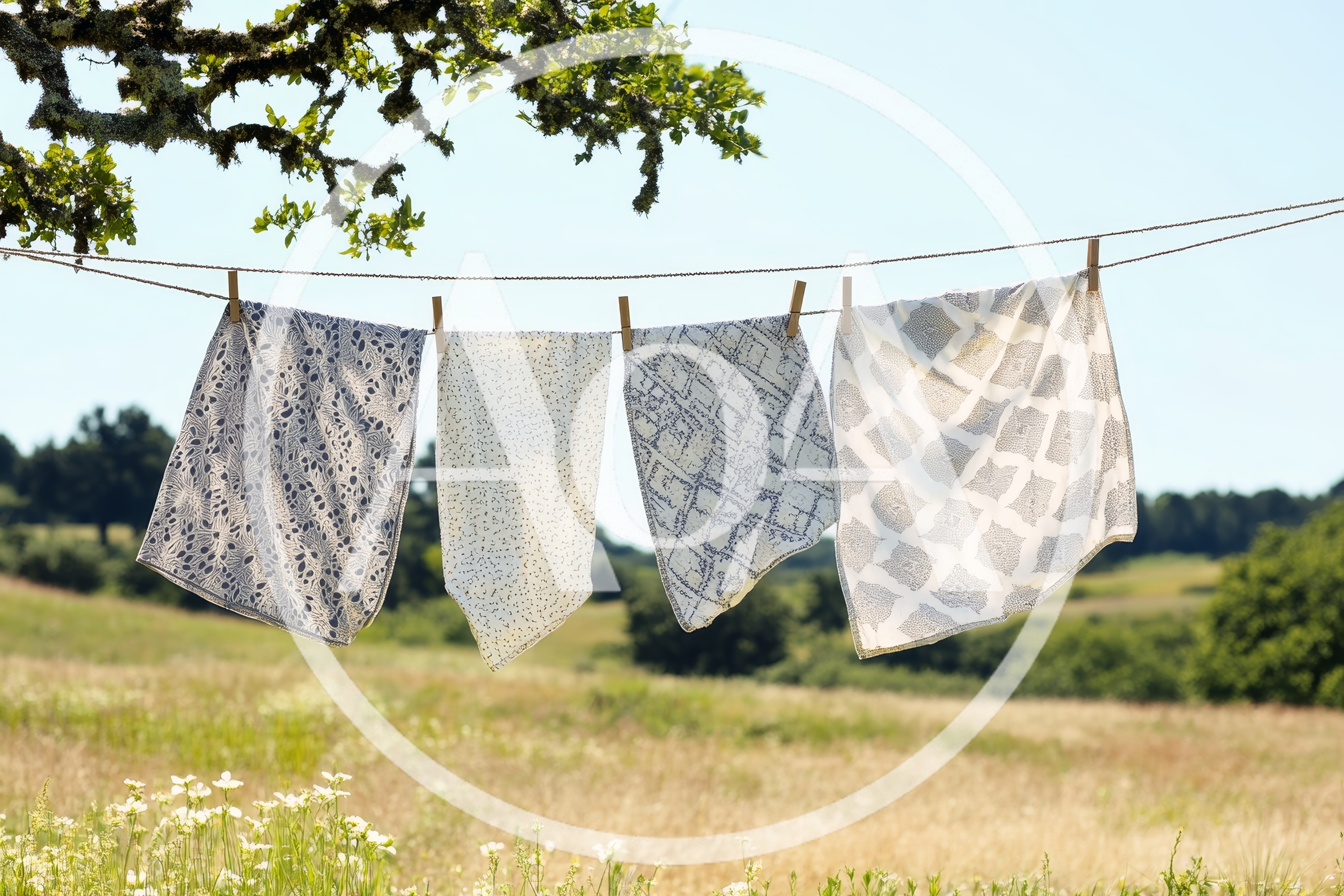 Four Patterned Cloths Drying on a Clothesline