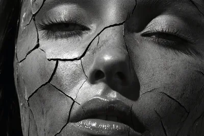 Close Up Portrait Of Woman With Cracked Face Makeup
