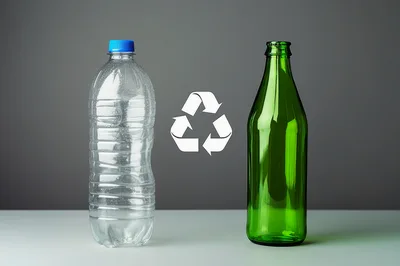 Plastic Bottle And Green Glass Bottle With Recycling Symbol