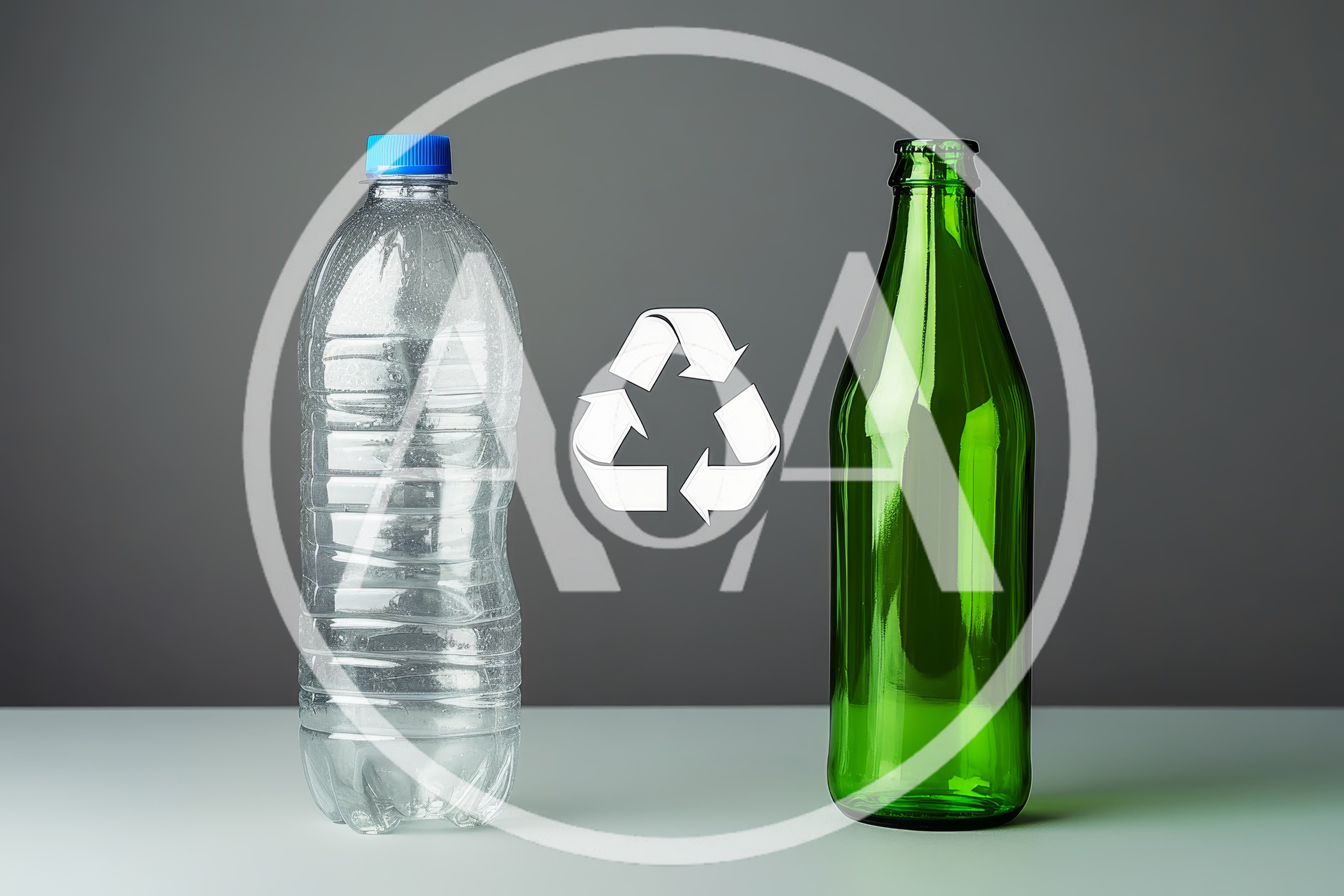 Plastic Bottle And Green Glass Bottle With Recycling Symbol