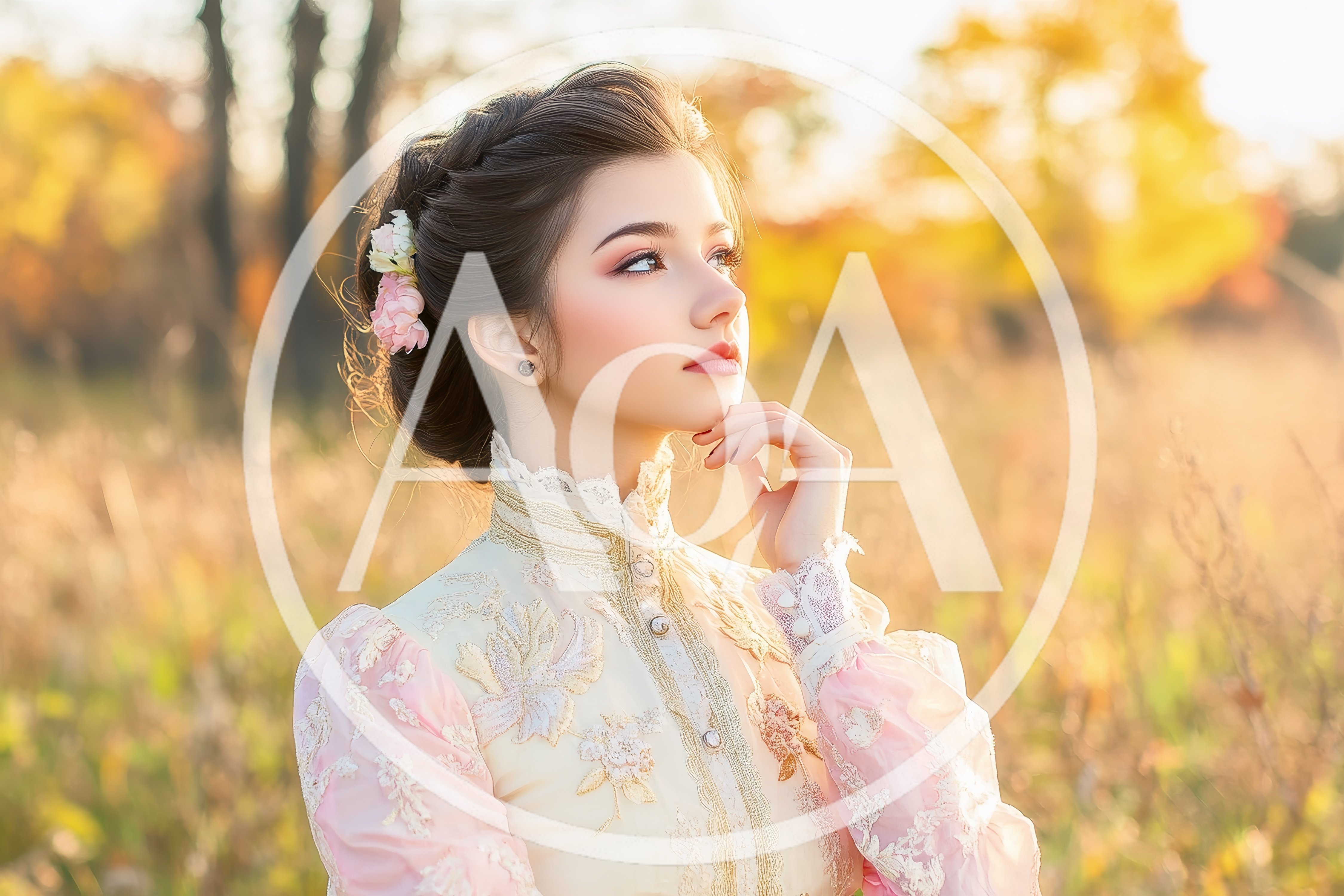 Young Woman in Victorian Style Dress in Autumn Field