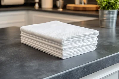 Stack Of Clean White Kitchen Towels On Countertop