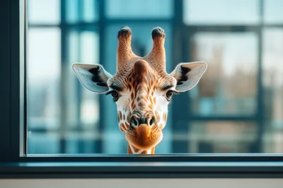 Giraffe Looking Through A Modern Office Window