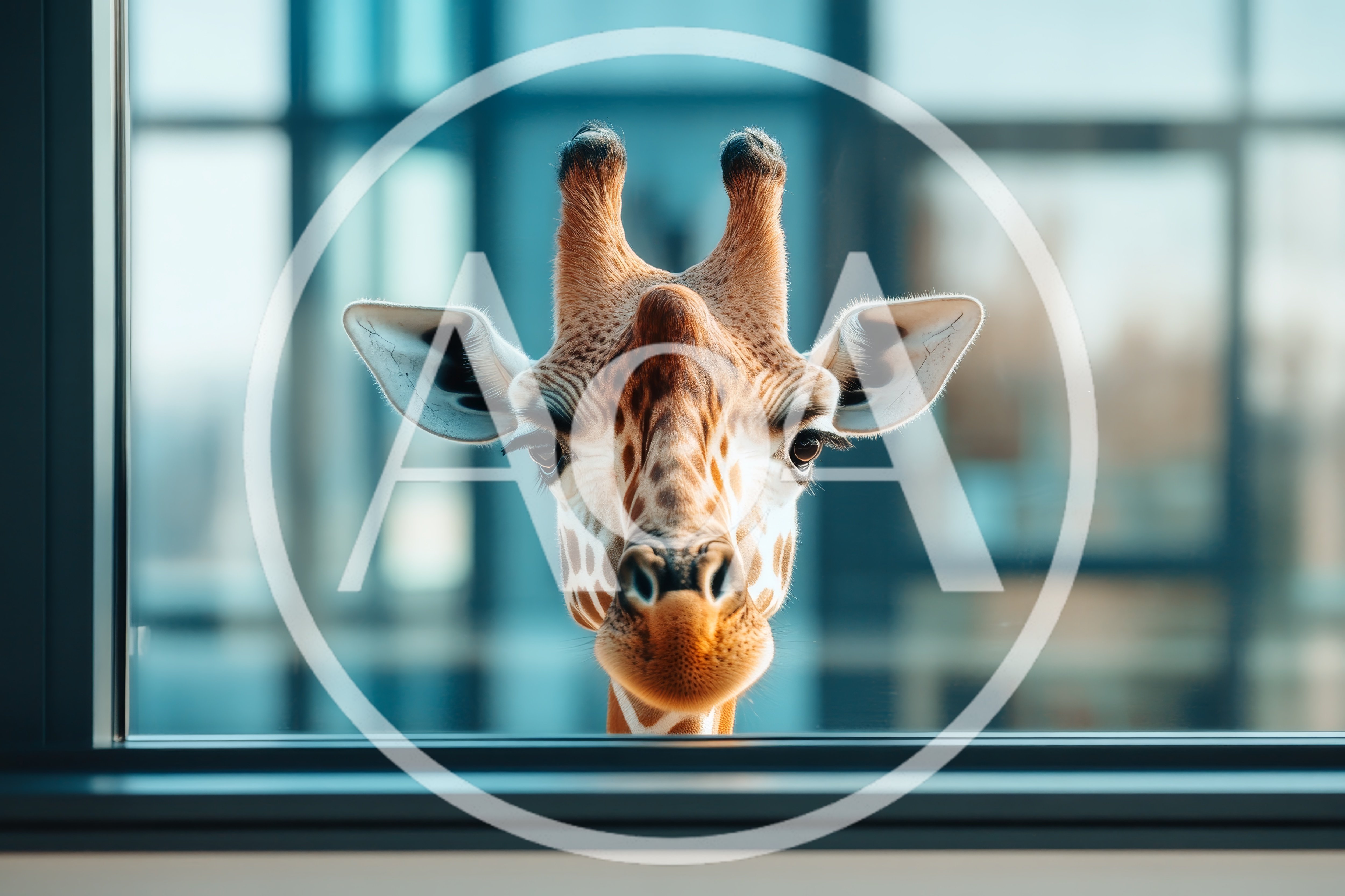 Giraffe Looking Through A Modern Office Window