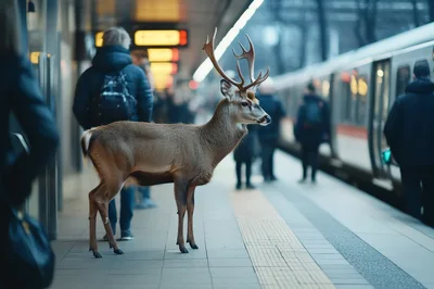 A Deer Standing On A Busy Train Platform