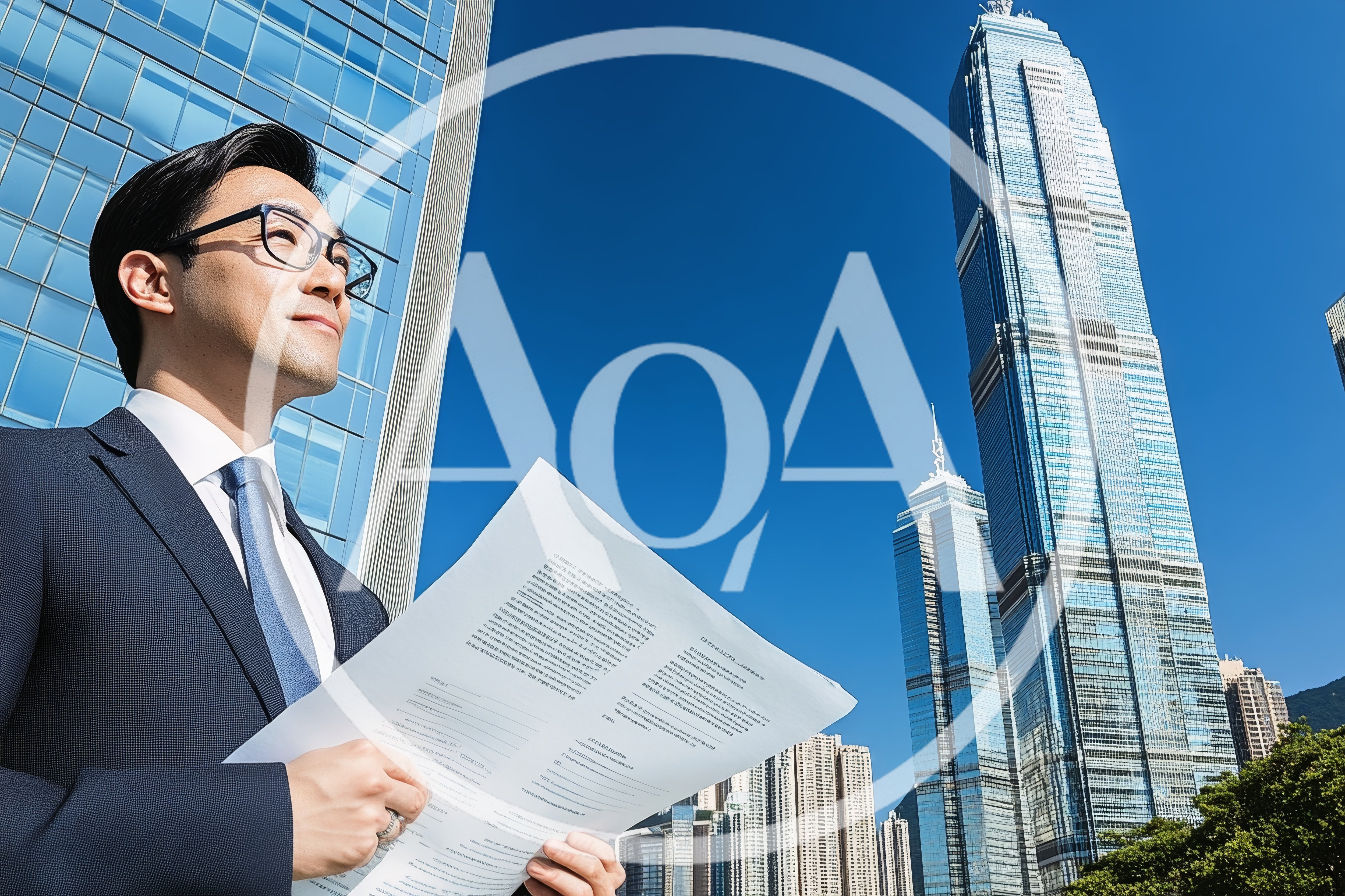 Asian Businessman Holding Documents In Front Of Skyscrapers