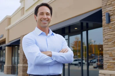 Confident Businessman Standing Outside Modern Commercial Building