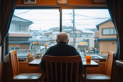 Elderly Man Sitting Alone At A Window Table