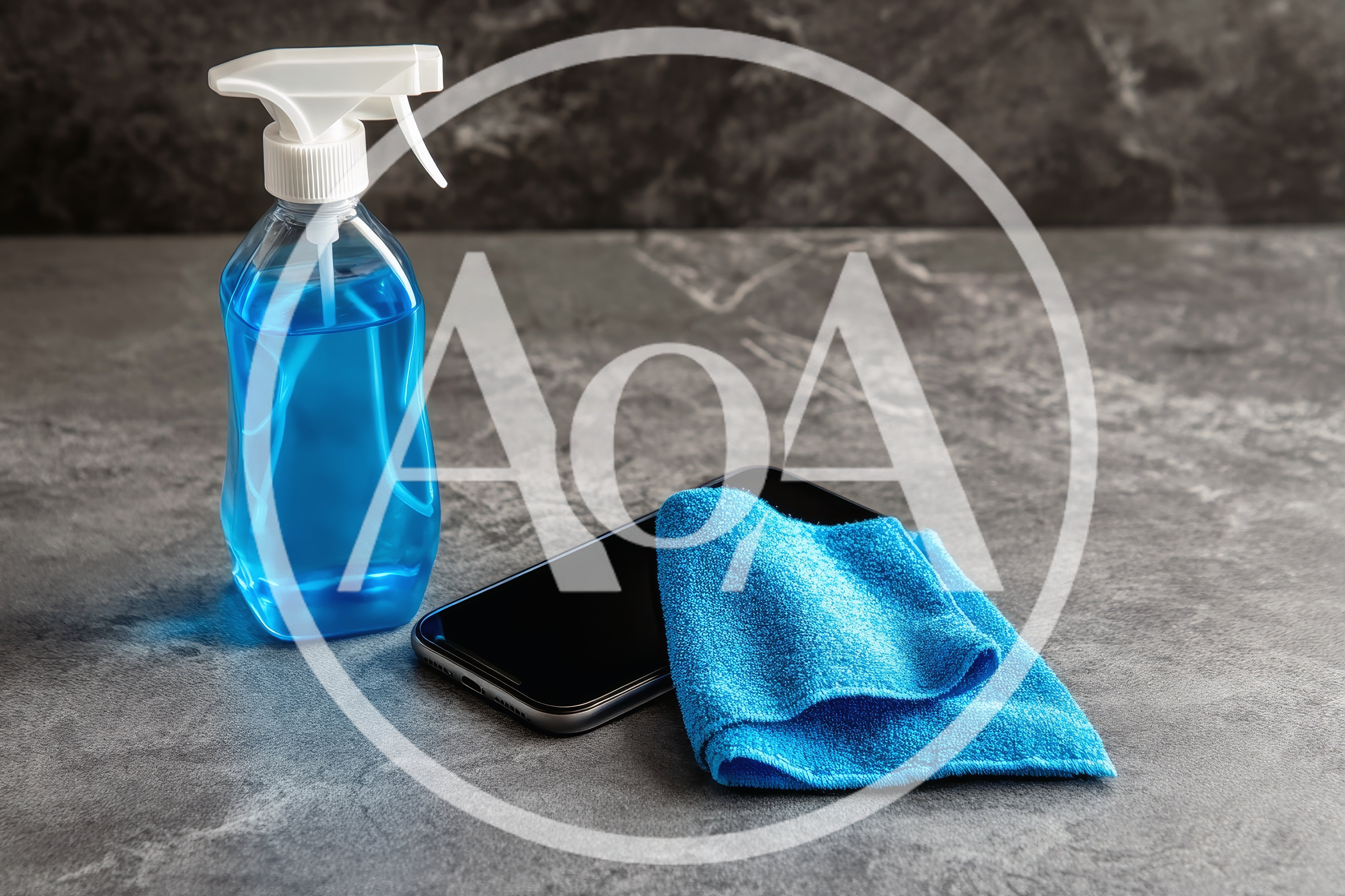 Cleaning Smartphone Screen With Blue Spray And Microfiber Cloth