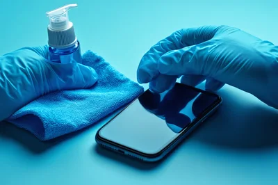 Cleaning Smartphone Screen With Sanitizer And Microfiber Cloth
