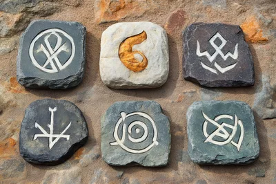 Six Carved Stone Runes With Mystical Symbols