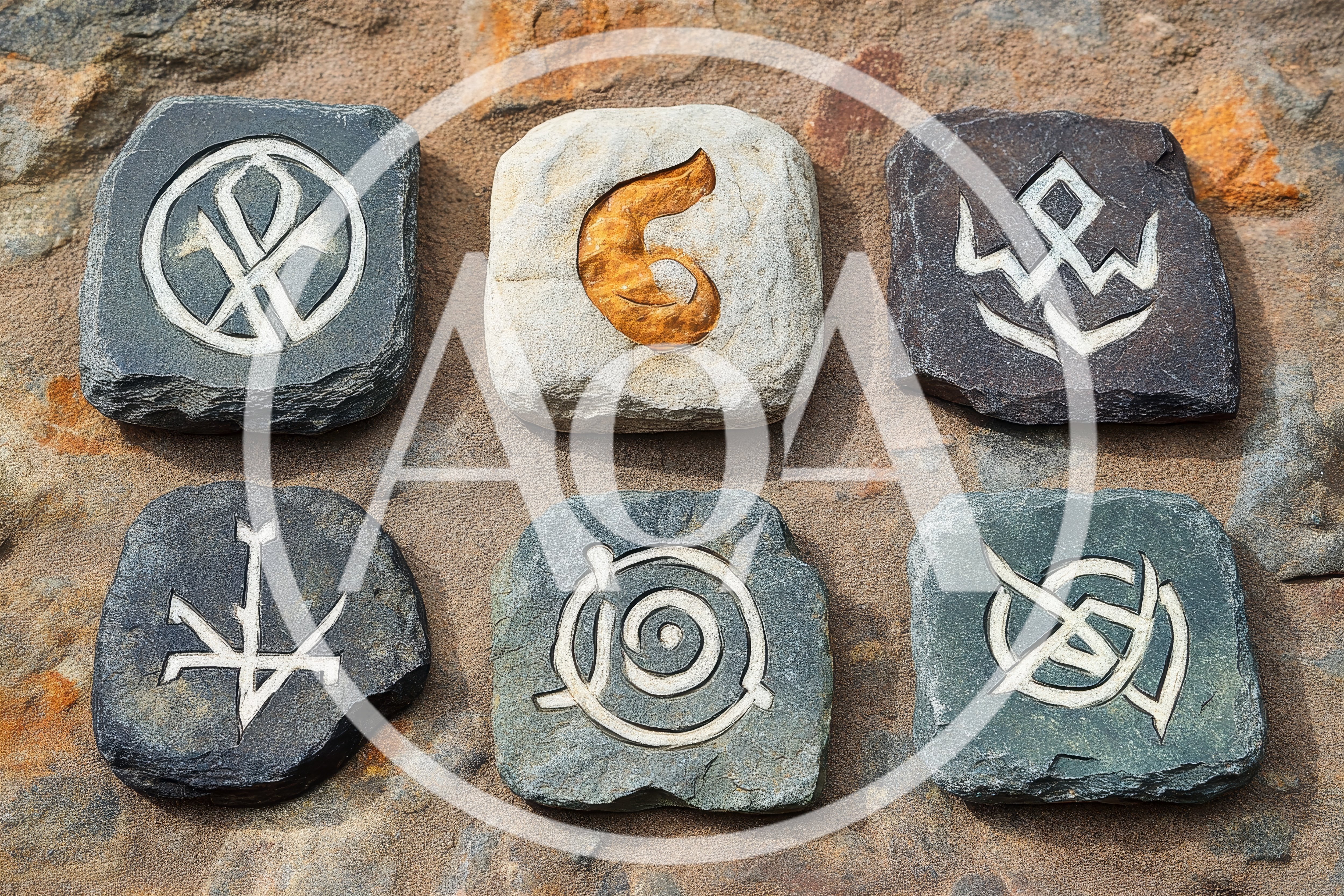 Six Carved Stone Runes With Mystical Symbols