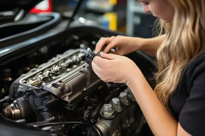 Female Mechanic Repairing Car Engine In Auto Workshop