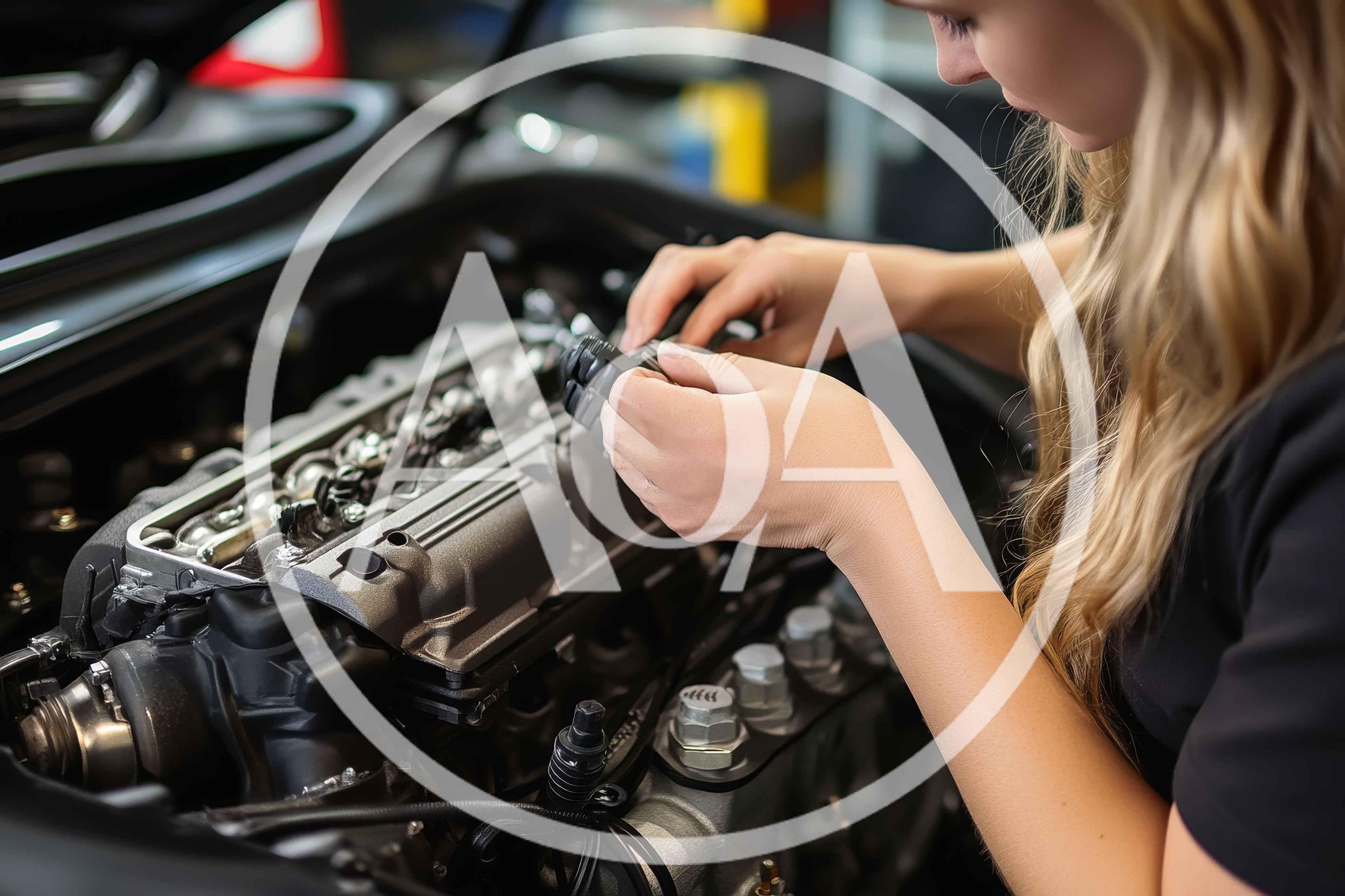 Female Mechanic Repairing Car Engine In Auto Workshop