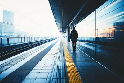 Commuter Walking Along A Modern Train Station Platform