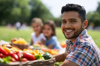 Young Man Smiling During A Family Picnic In The Park
